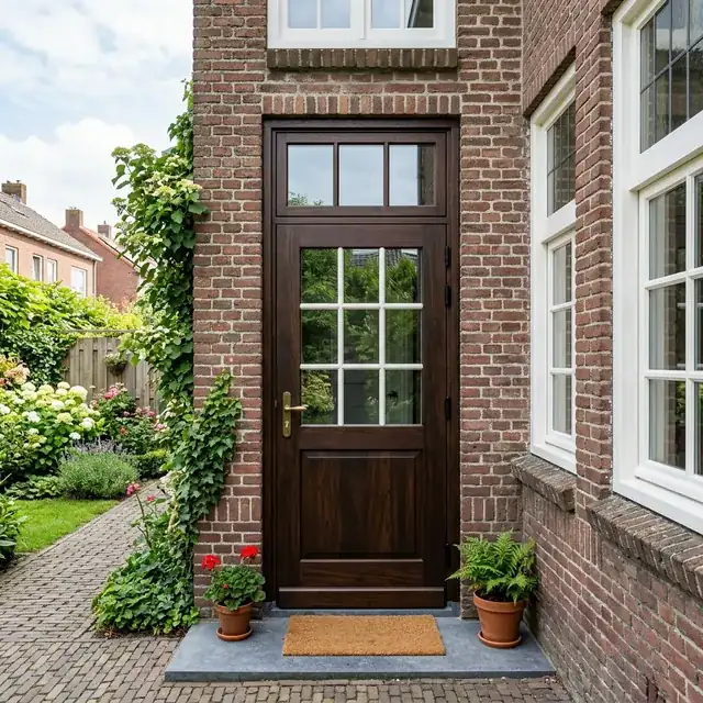 Donkere houten achterdeur met glasroeden in een bakstenen gevel aan de tuinzijde
